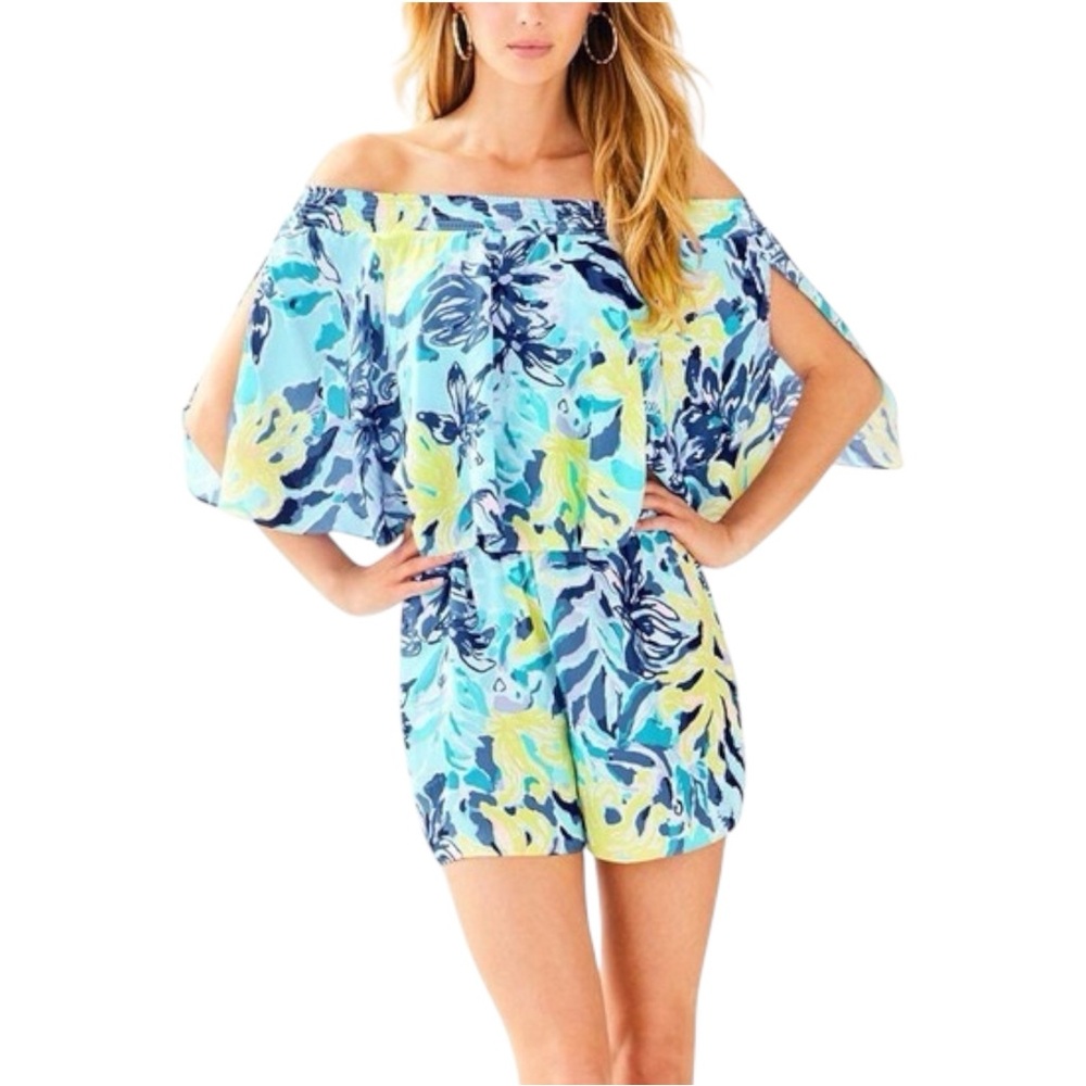 Lilly Pulitzer Arbelle Off-the-Shoulder Romper Women’s XS White Blue Floral
